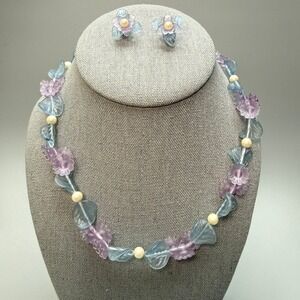 VTG Pastel Blossoms Acrylic Bead Necklace 16" Post Earring Blue Purple Floral